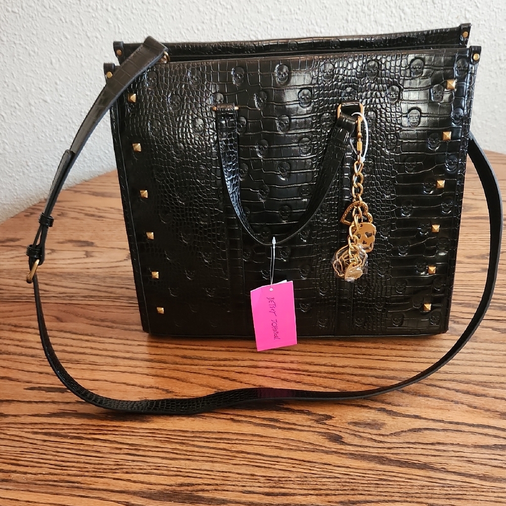 Black Croc-Embossed Tote with Gold Charm